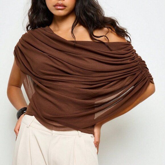 Brown Casual Women's Elegant Asymmetric Draped Off Shoulder Blouse - Picture 1 of 4
